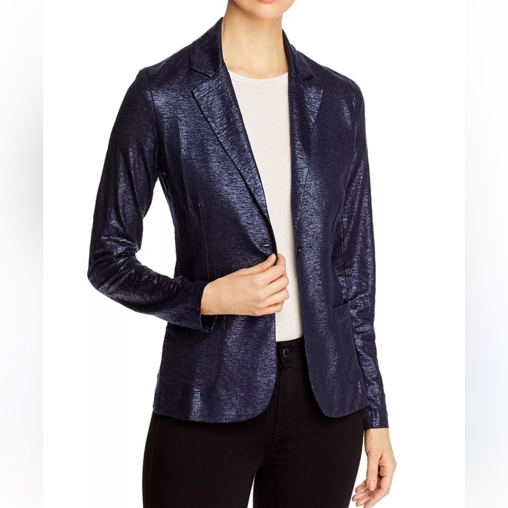Majestic Filatures Metallic Navy Linen Blend One Button Blazer Size 4/Large